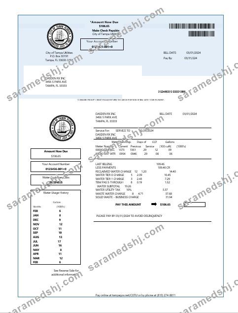 USA Florida water business utility bill template in Word and PDF formats